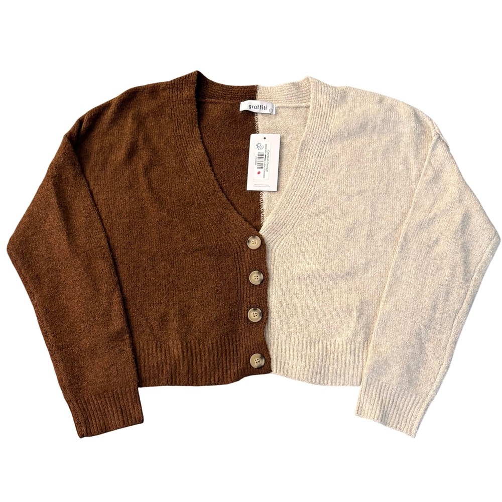 NWT Juniors Chucky Cardigan Two Tone Brown Cream Knit V Neck Button‎ Front Sz L